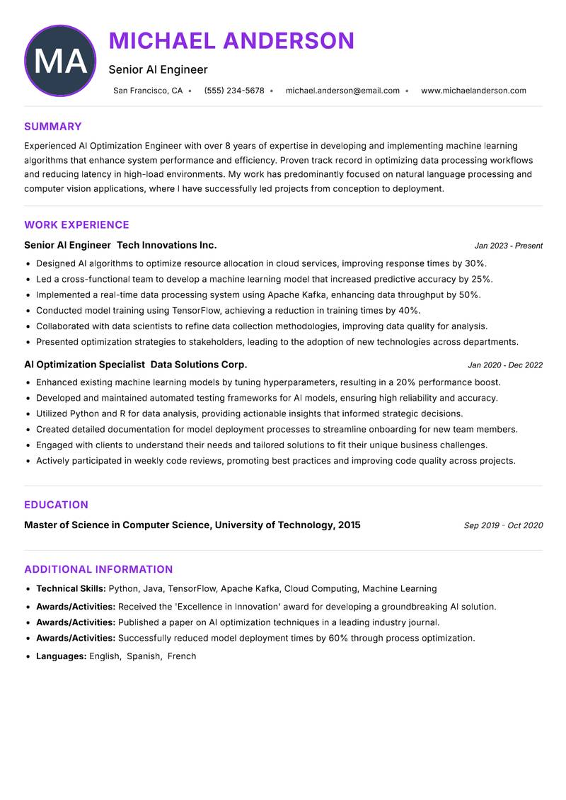 AI Optimization Engineer resume example
