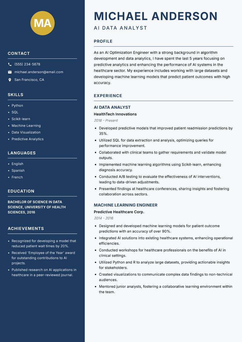 AI Optimization Engineer resume sample — AI Data Analyst focus