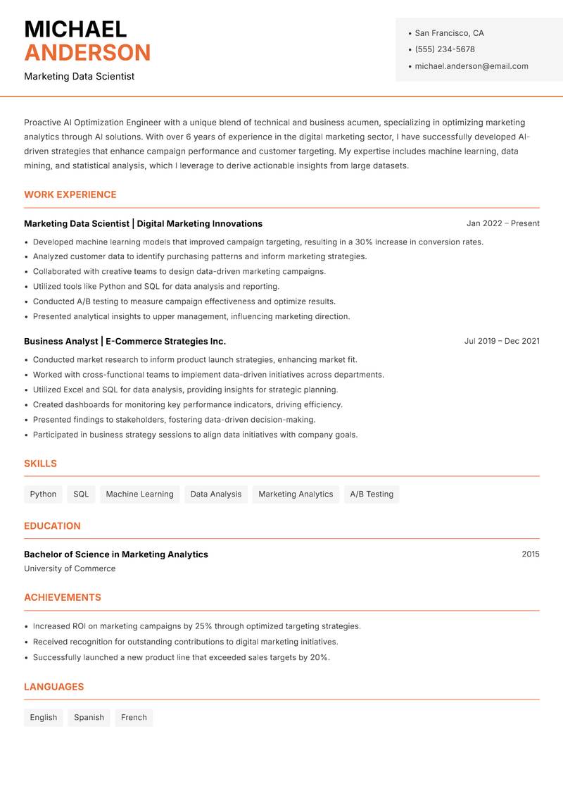 AI Optimization Engineer resume sample — Marketing Data Scientist focus