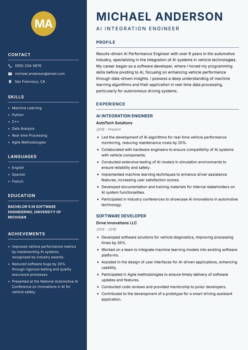 AI Performance Engineer resume sample — AI Integration Engineer focus