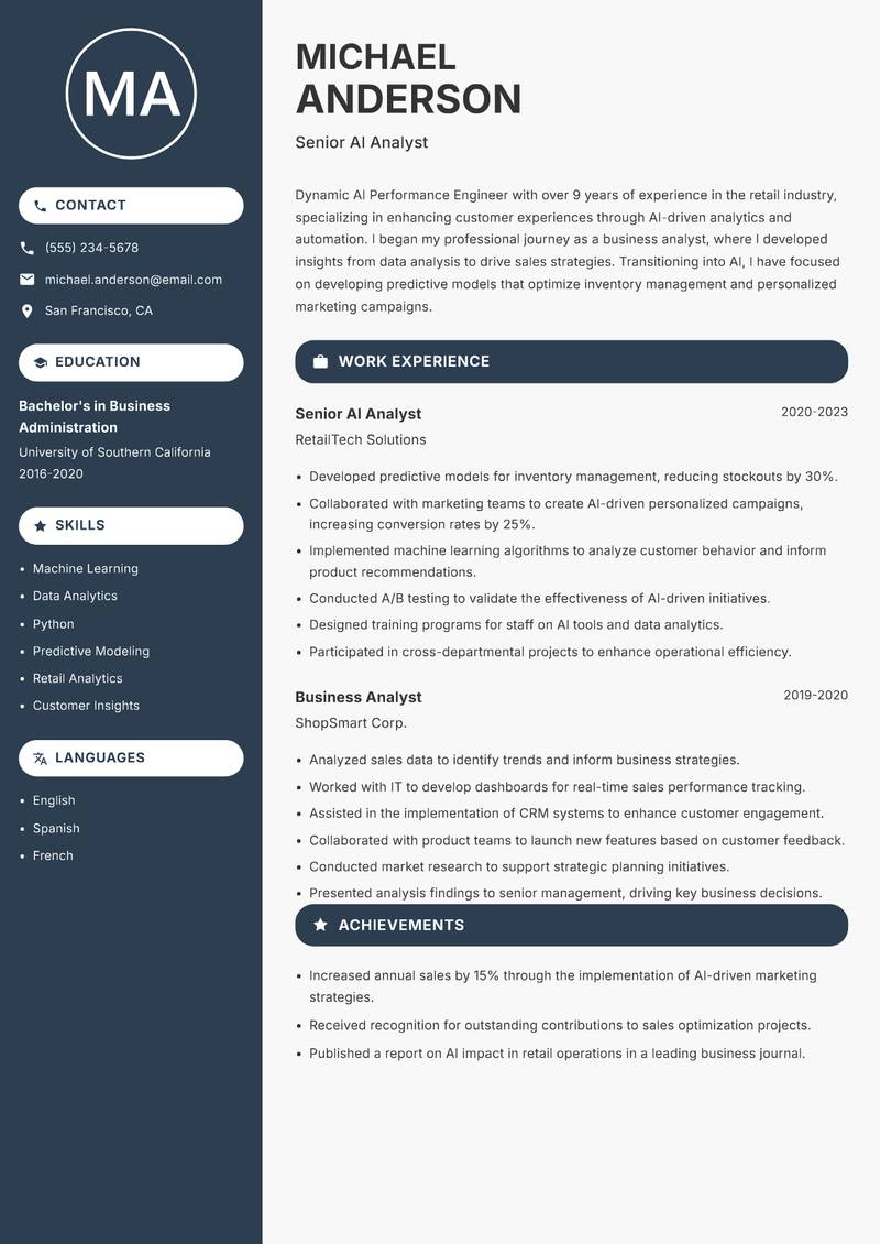 AI Performance Engineer resume sample — Senior AI Analyst focus