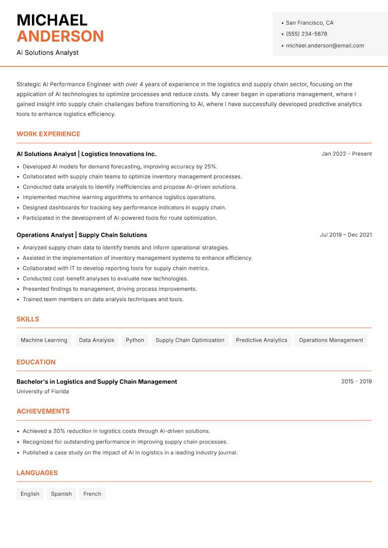 AI Performance Engineer resume sample — AI Solutions Analyst focus