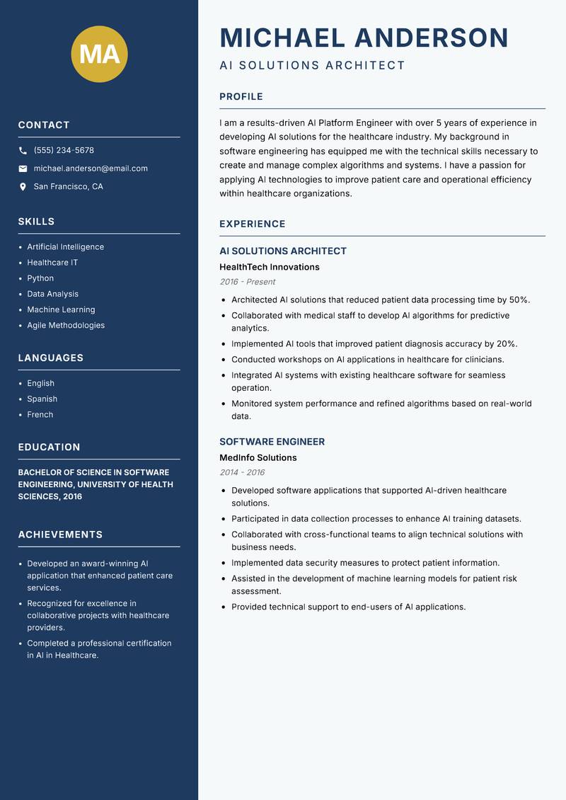 AI Platform Engineer resume sample — AI Solutions Architect focus