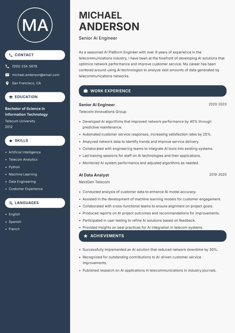 AI Platform Engineer resume sample — Senior AI Engineer focus