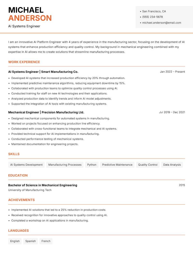 AI Platform Engineer resume sample — AI Systems Engineer focus