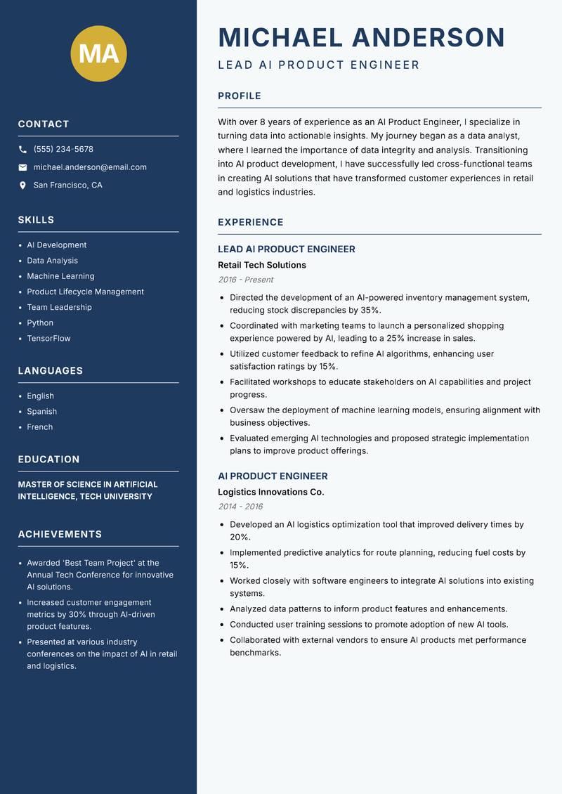 AI Product Engineer resume sample — Lead AI Product Engineer focus