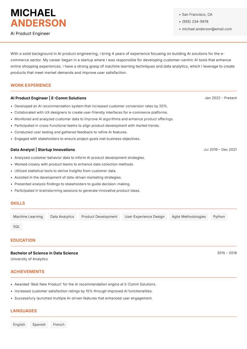 AI Product Engineer resume sample — AI Product Engineer focus