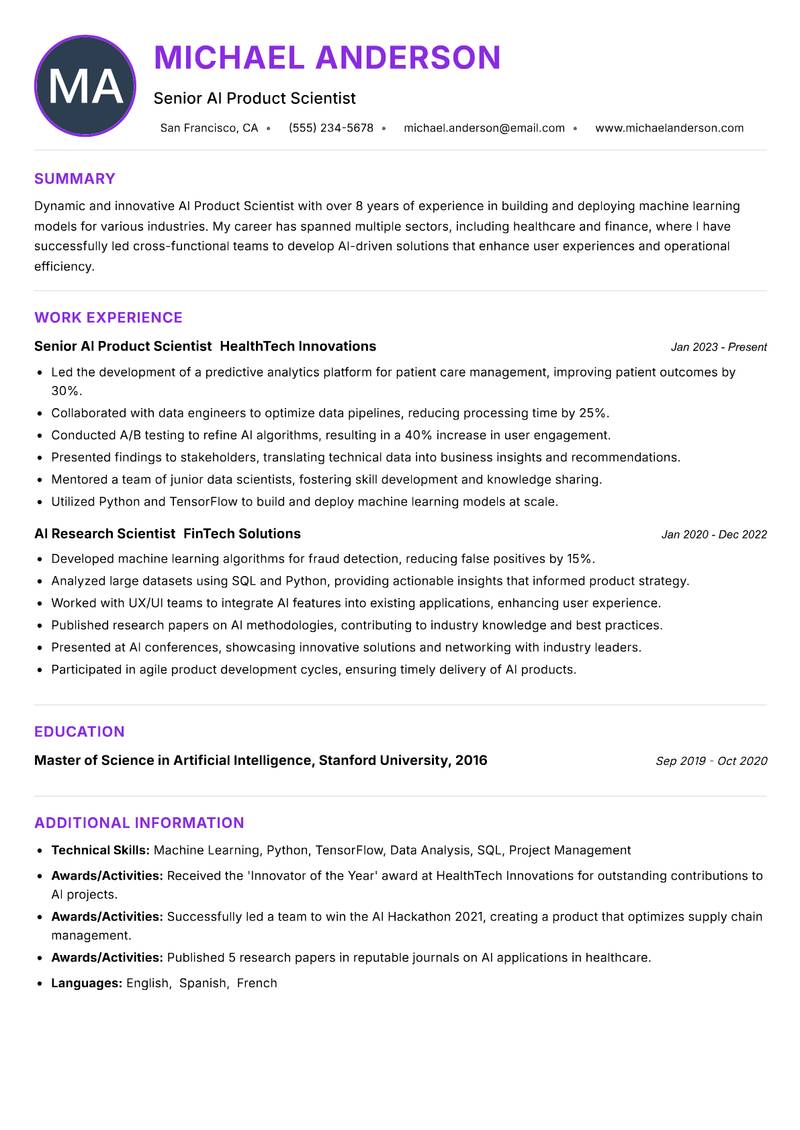 AI Product Scientist resume example