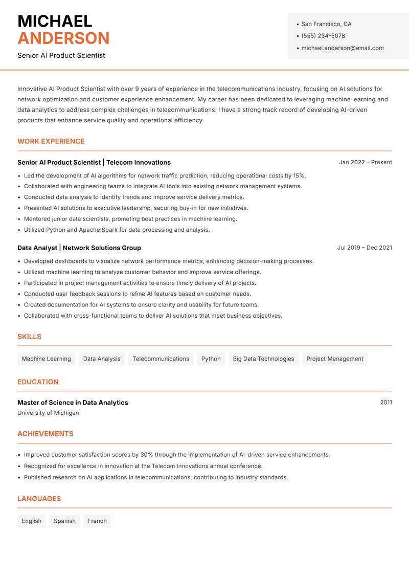 AI Product Scientist resume sample — Senior AI Product Scientist focus