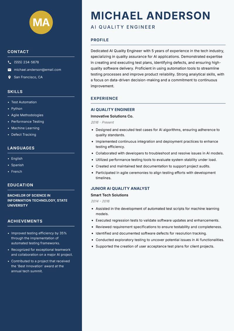 AI Quality Engineer resume sample — AI Quality Engineer focus