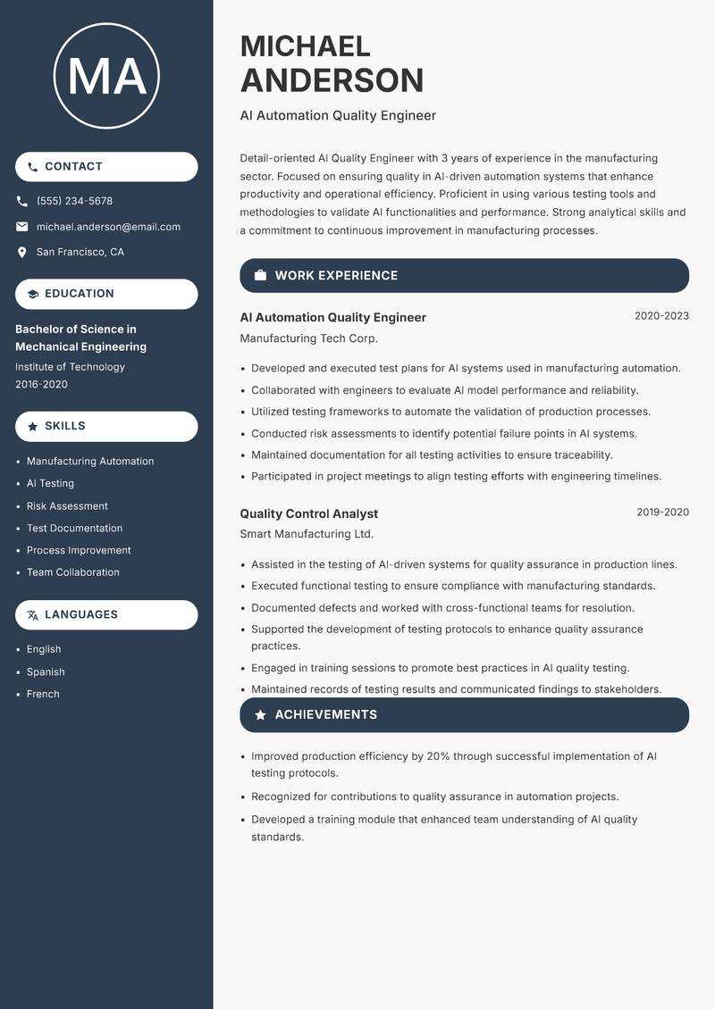 AI Quality Engineer resume sample — AI Automation Quality Engineer focus