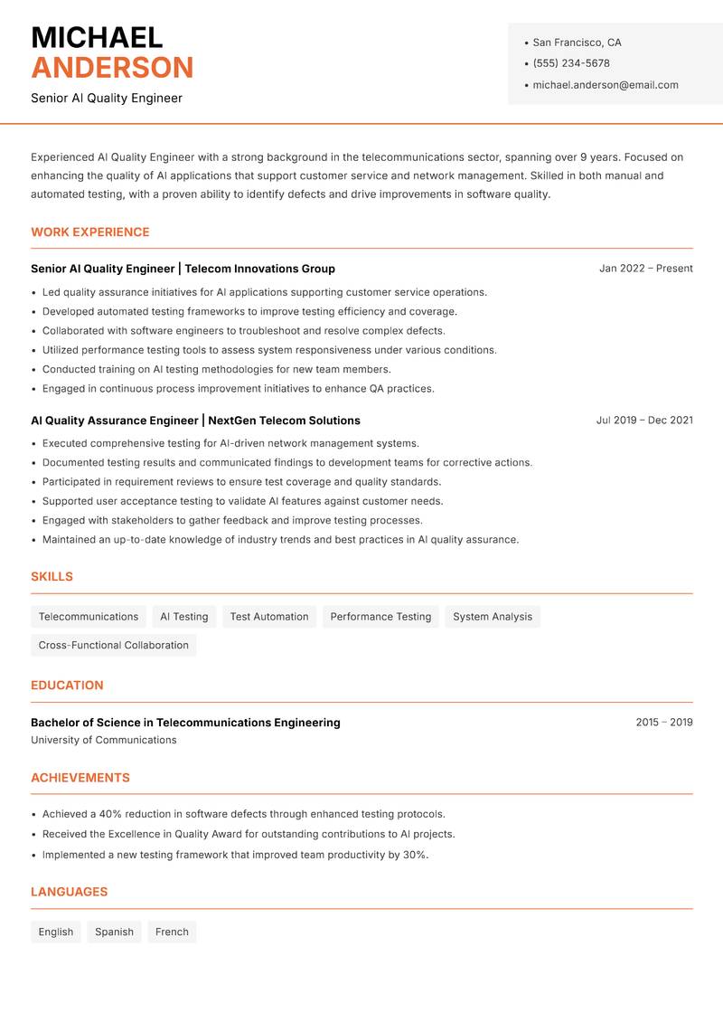 AI Quality Engineer resume sample — Senior AI Quality Engineer focus