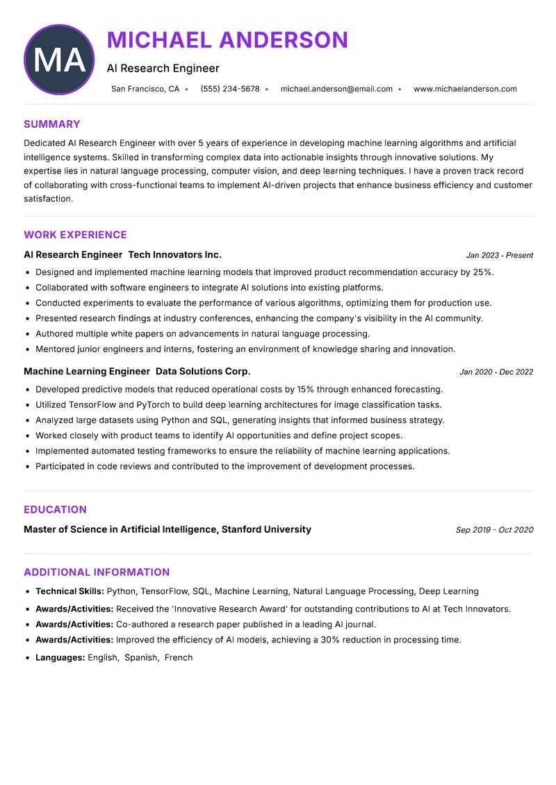 AI Research Engineer resume example