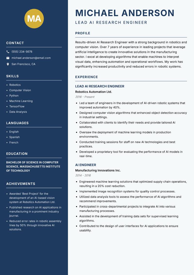 AI Research Engineer resume sample — Lead AI Research Engineer focus