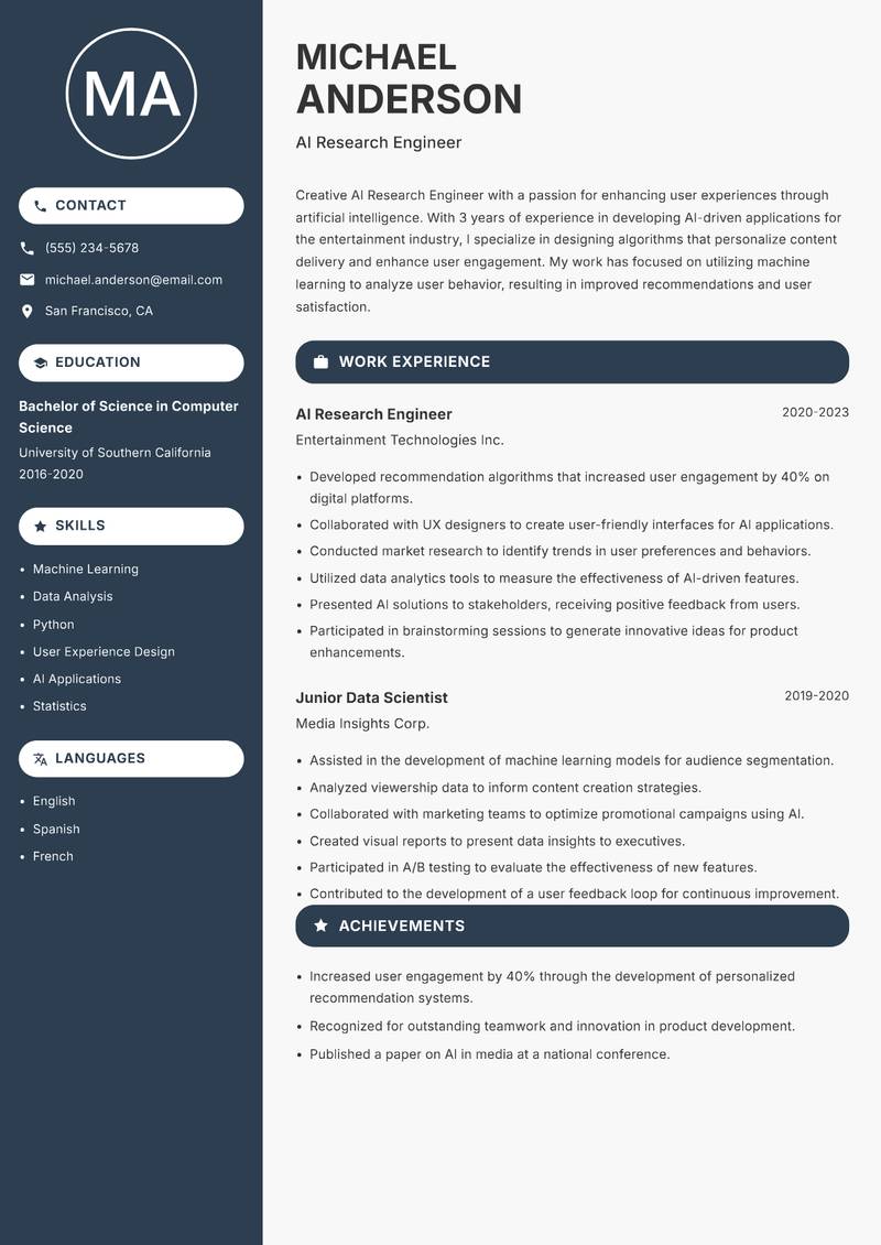 AI Research Engineer resume sample — AI Research Engineer focus