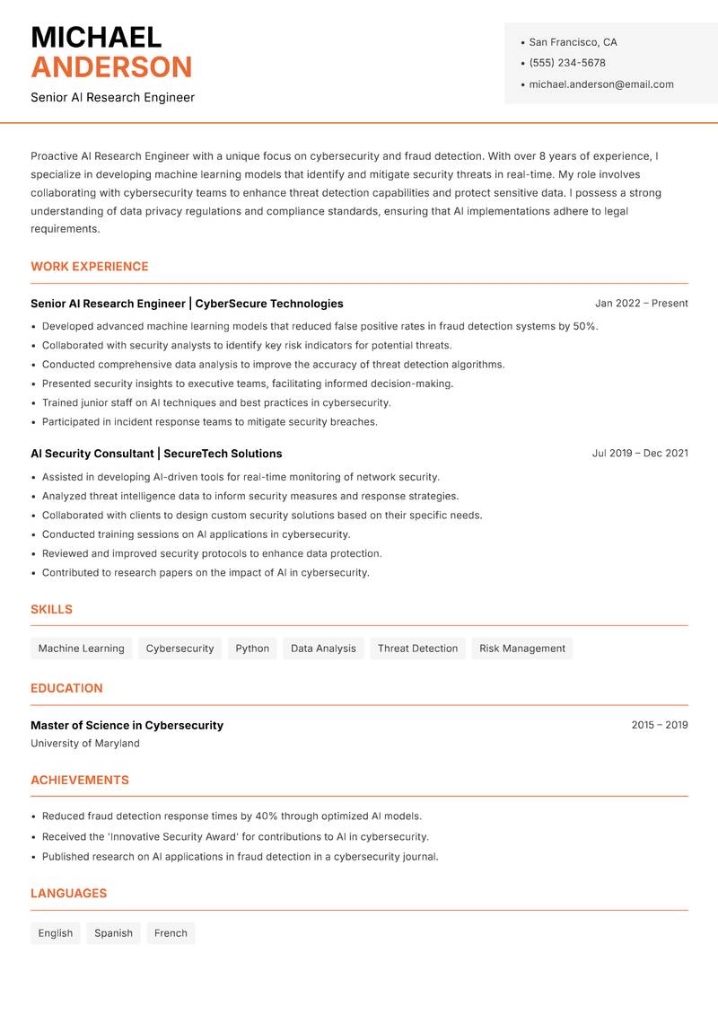 AI Research Engineer resume sample — Senior AI Research Engineer focus