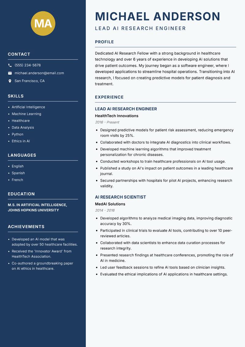 AI Research Fellow resume sample — Lead AI Research Engineer focus