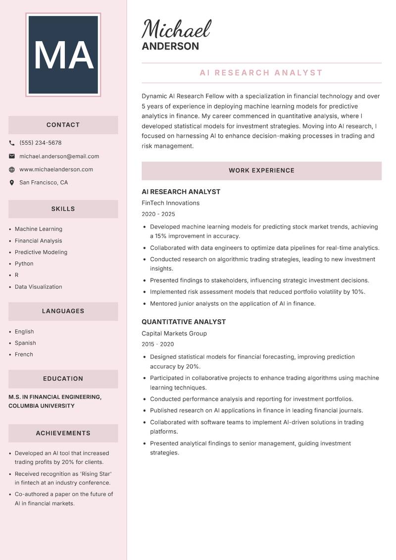 AI Research Fellow resume sample — AI Research Analyst focus
