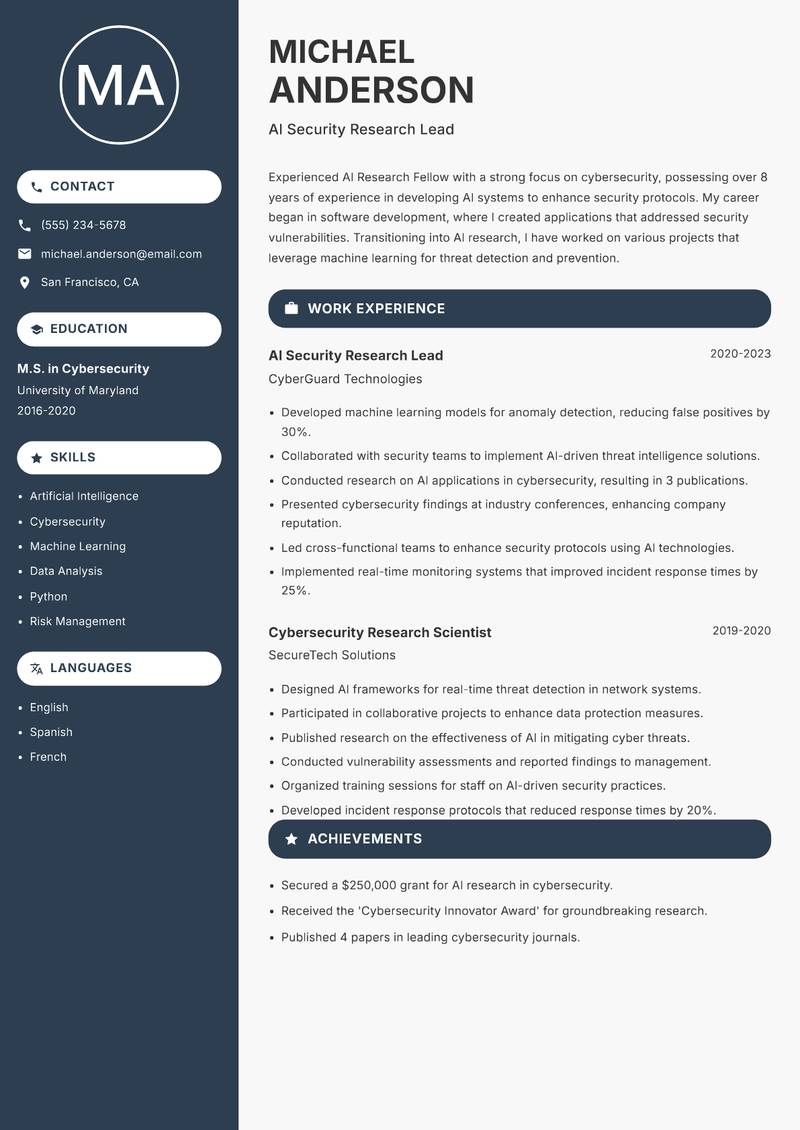 AI Research Fellow resume sample — AI Security Research Lead focus