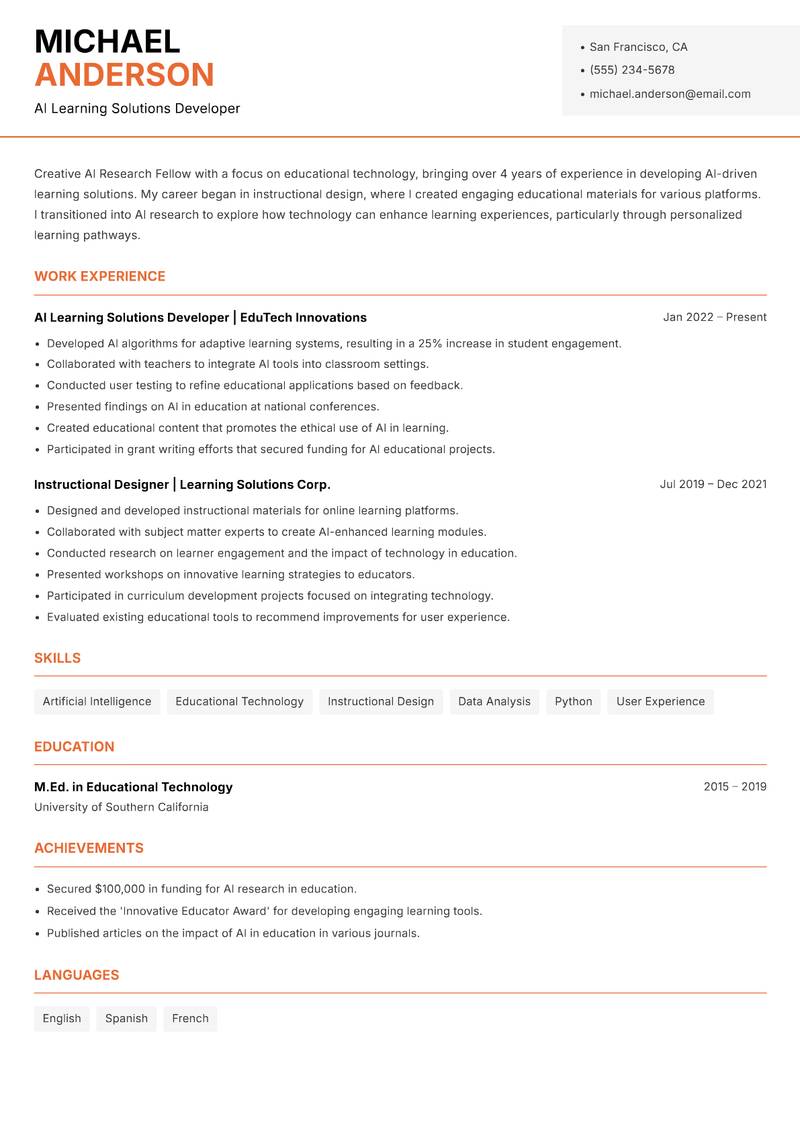 AI Research Fellow resume sample — AI Learning Solutions Developer focus