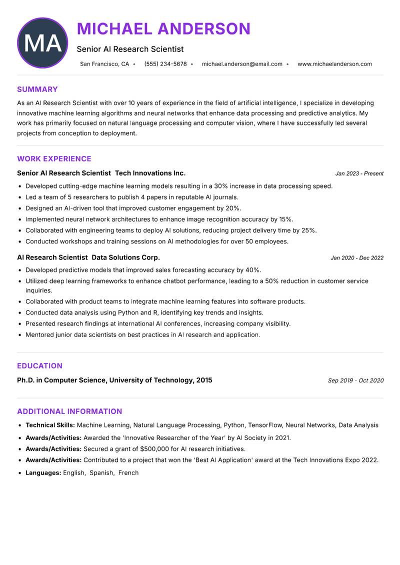 AI Research Scientist resume example