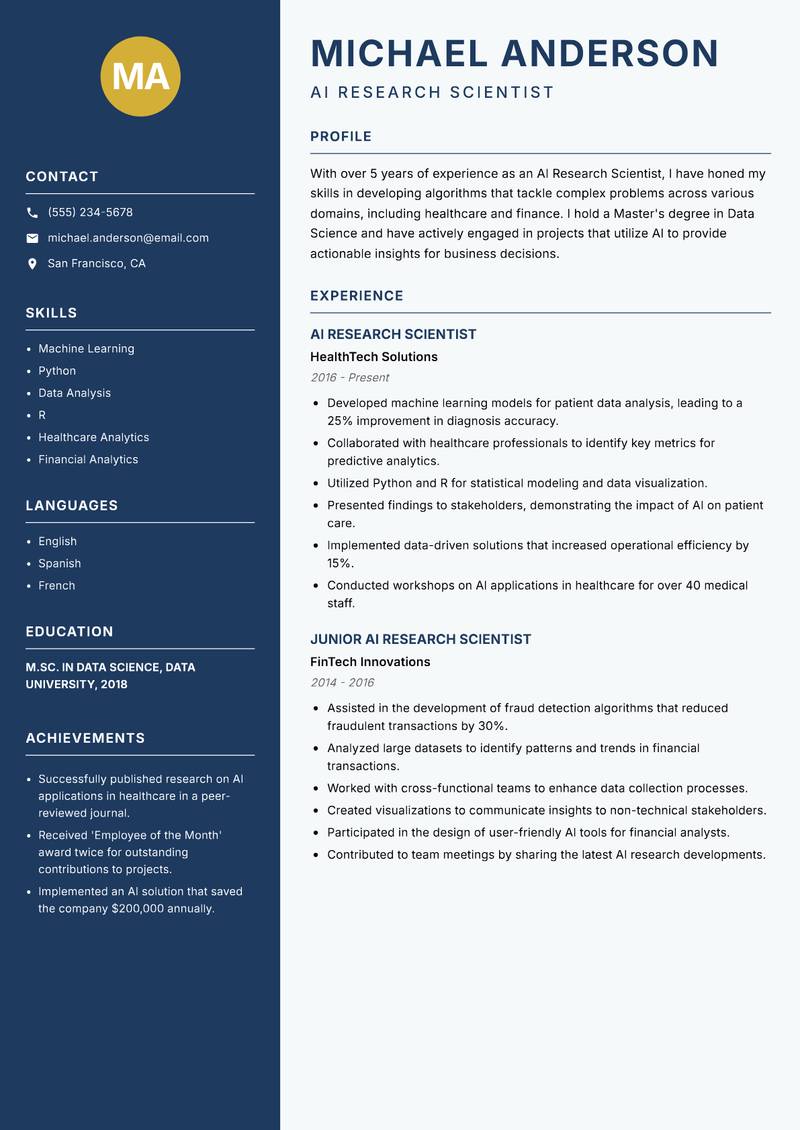 AI Research Scientist resume sample — AI Research Scientist focus