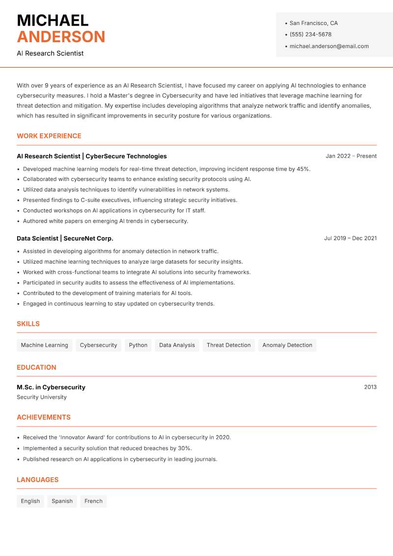 AI Research Scientist resume sample — AI Research Scientist focus
