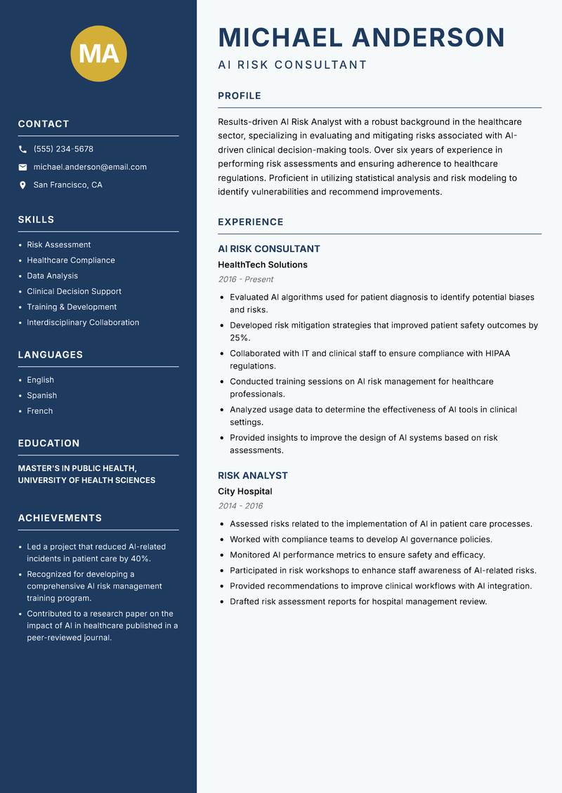 AI Risk Analyst resume sample — AI Risk Consultant focus