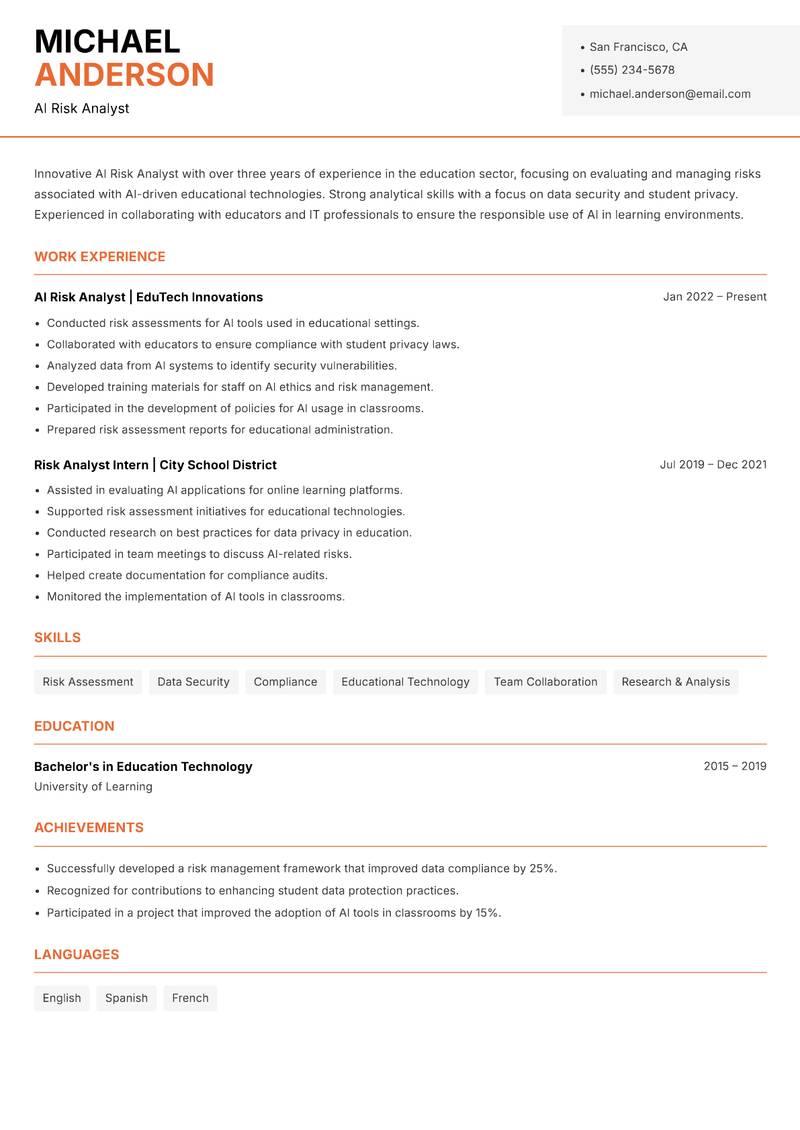 AI Risk Analyst resume sample — AI Risk Analyst focus