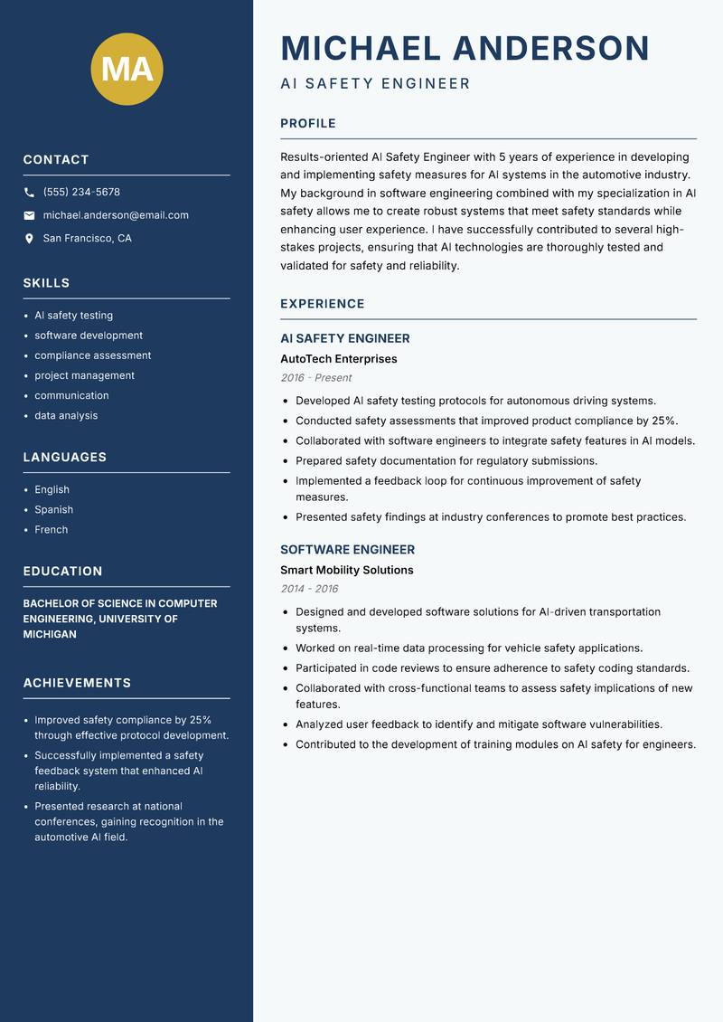 AI Safety Engineer resume sample — AI Safety Engineer focus