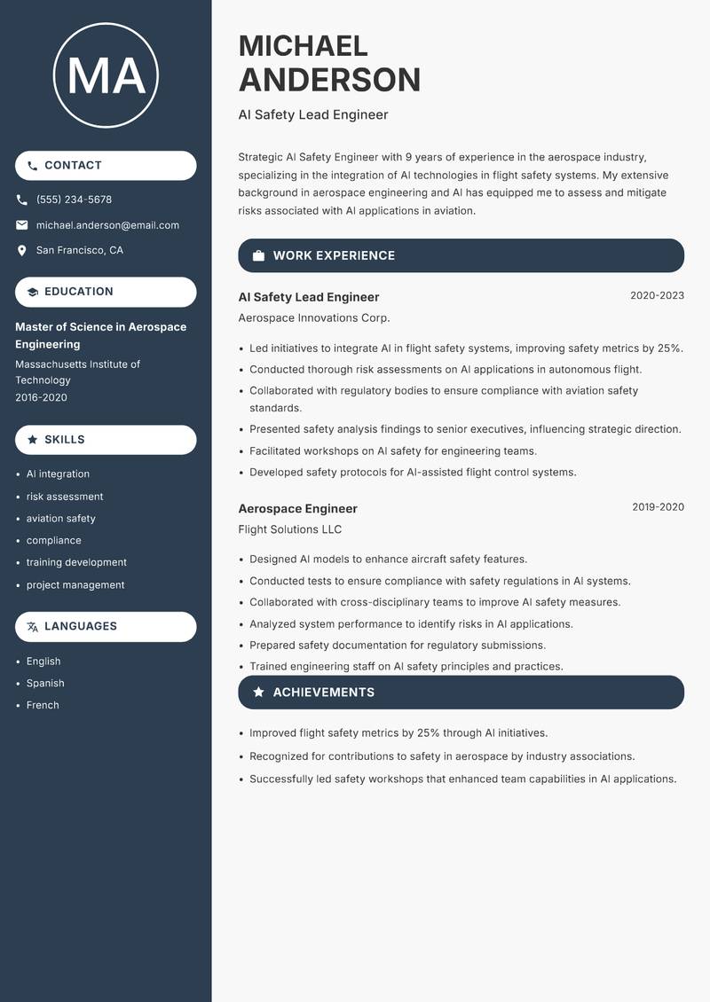 AI Safety Engineer resume sample — AI Safety Lead Engineer focus