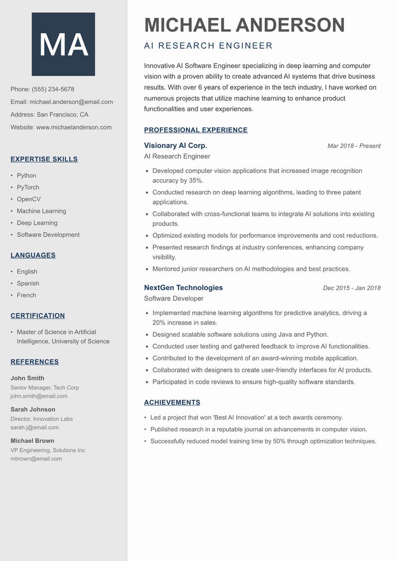 AI Software Engineer resume sample — AI Research Engineer focus