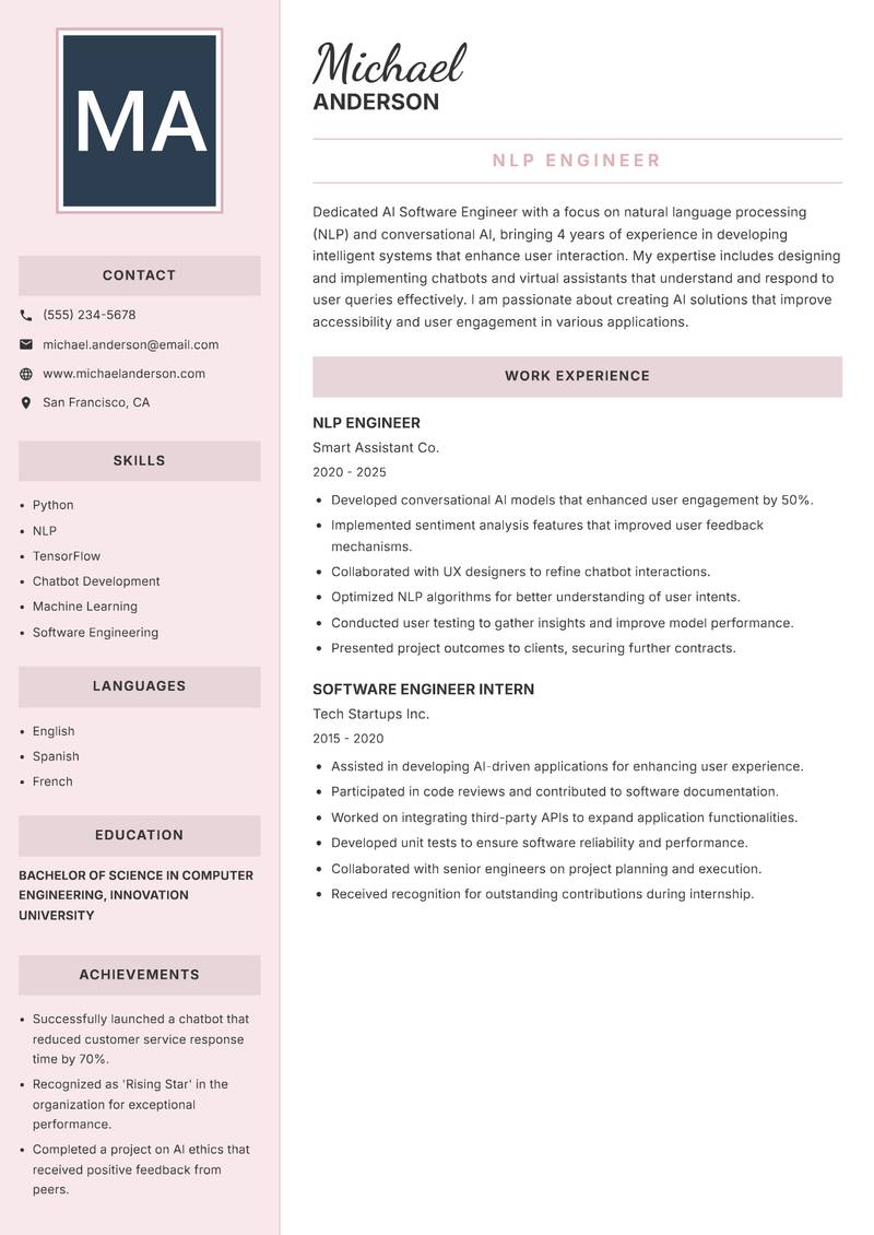 AI Software Engineer resume sample — NLP Engineer focus