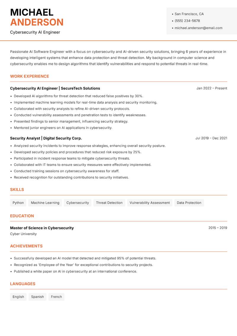 AI Software Engineer resume sample — Cybersecurity AI Engineer focus