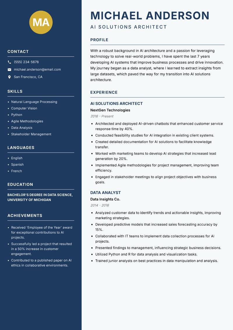 AI Solutions Architect resume sample — AI Solutions Architect focus