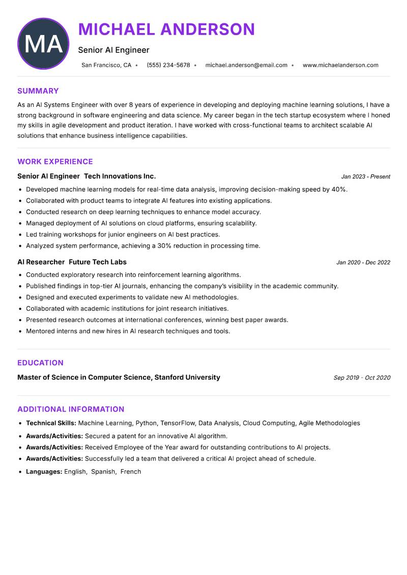 AI Systems Engineer resume example