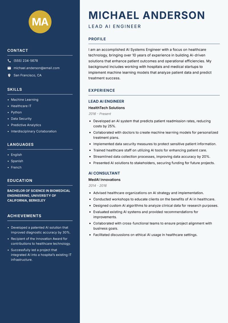 AI Systems Engineer resume sample — Lead AI Engineer focus