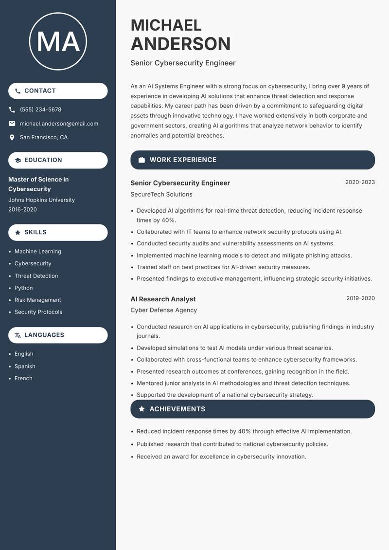 AI Systems Engineer resume sample — Senior Cybersecurity Engineer focus