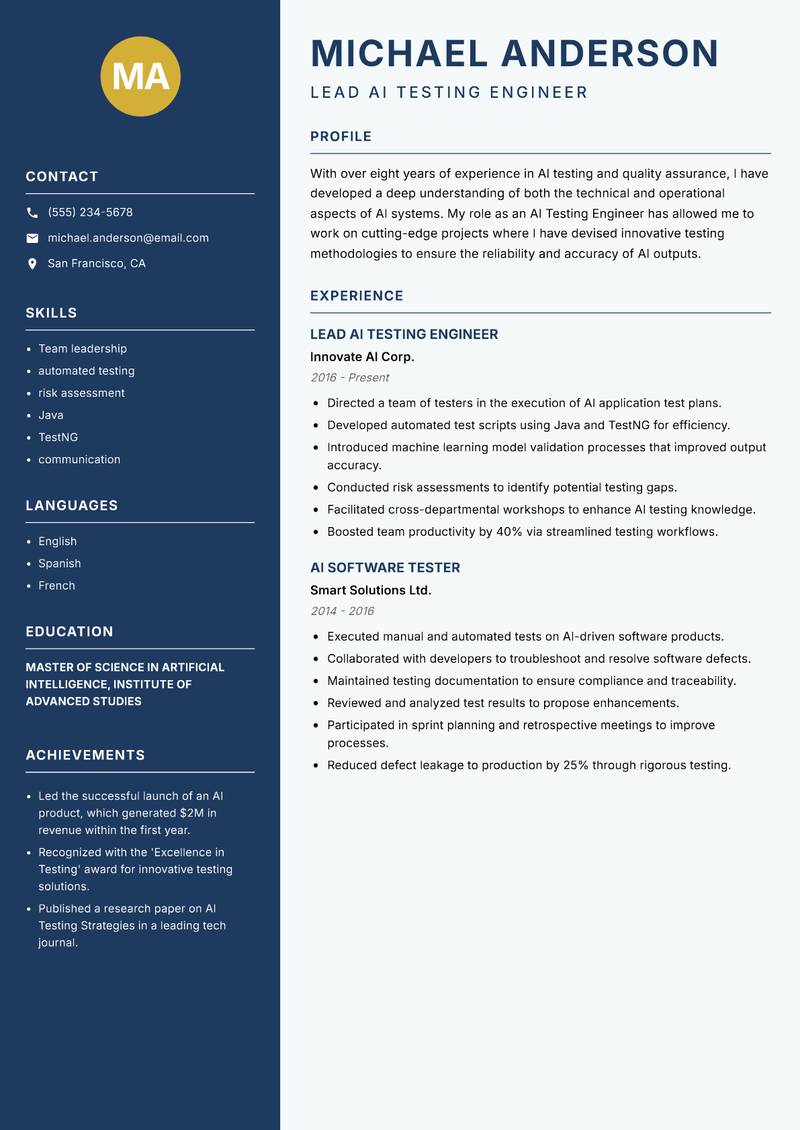 AI Testing Engineer resume sample — Lead AI Testing Engineer focus