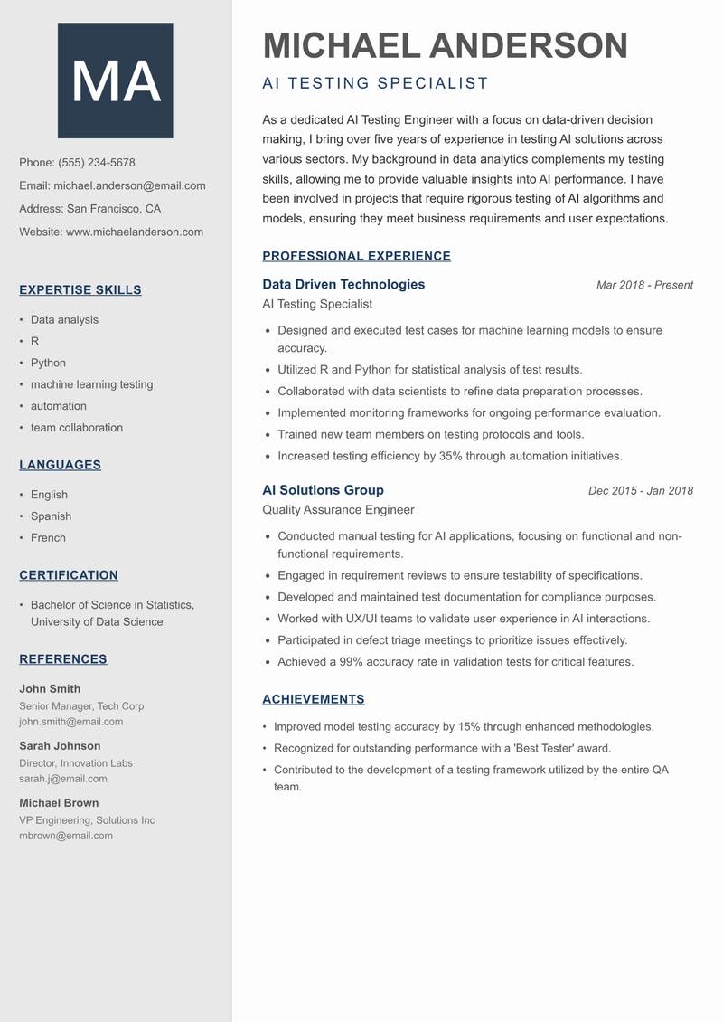 AI Testing Engineer resume sample — AI Testing Specialist focus