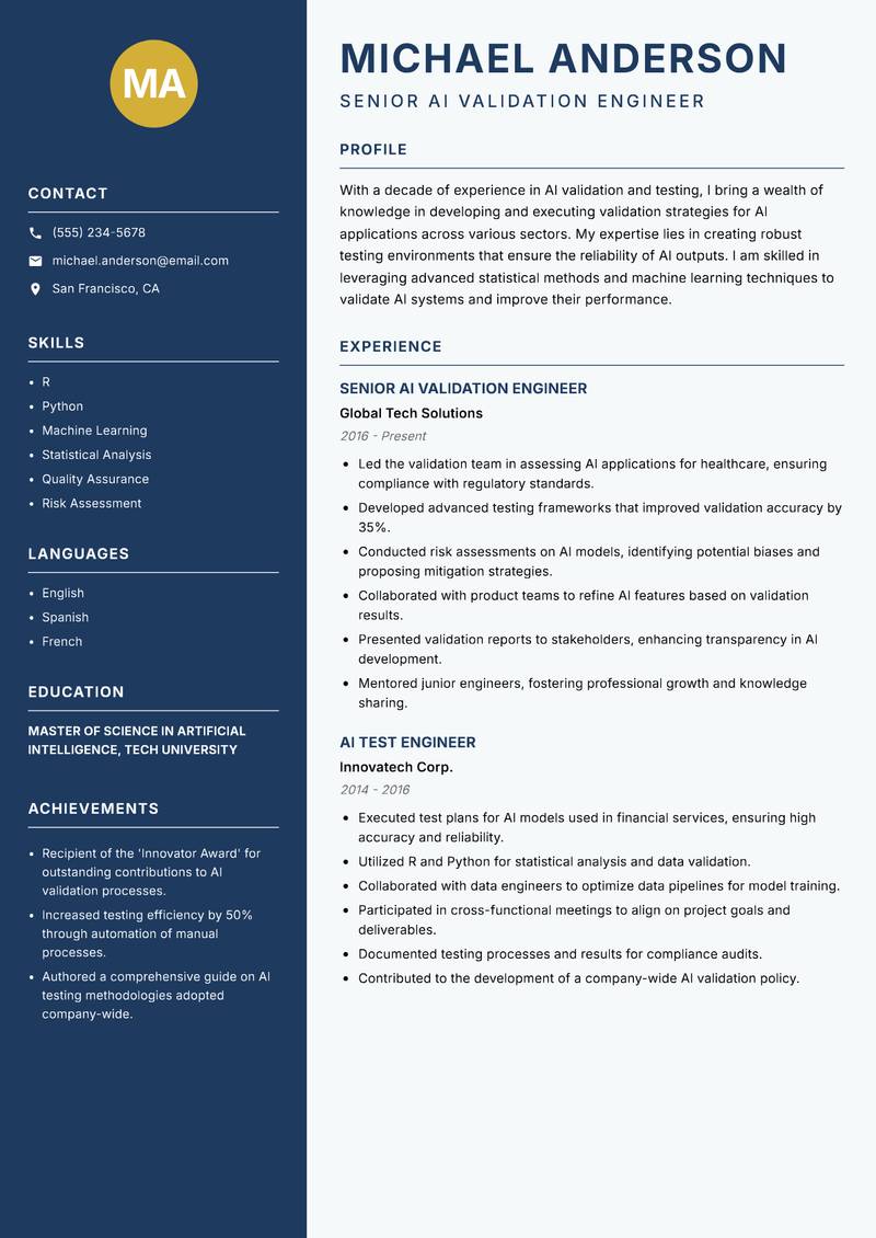 AI Validation Engineer resume sample — Senior AI Validation Engineer focus