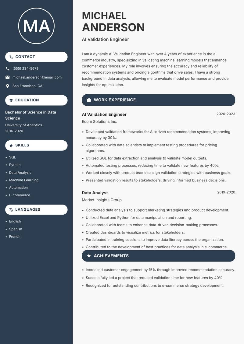AI Validation Engineer resume sample — AI Validation Engineer focus