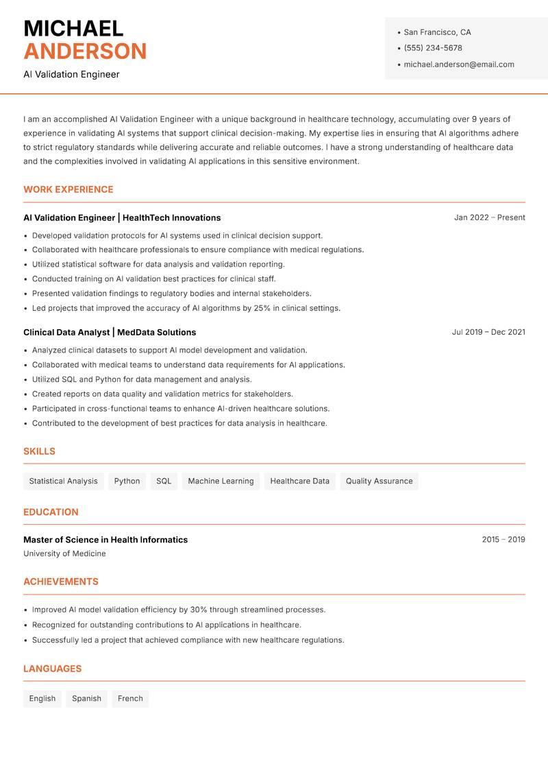 AI Validation Engineer resume sample — AI Validation Engineer focus