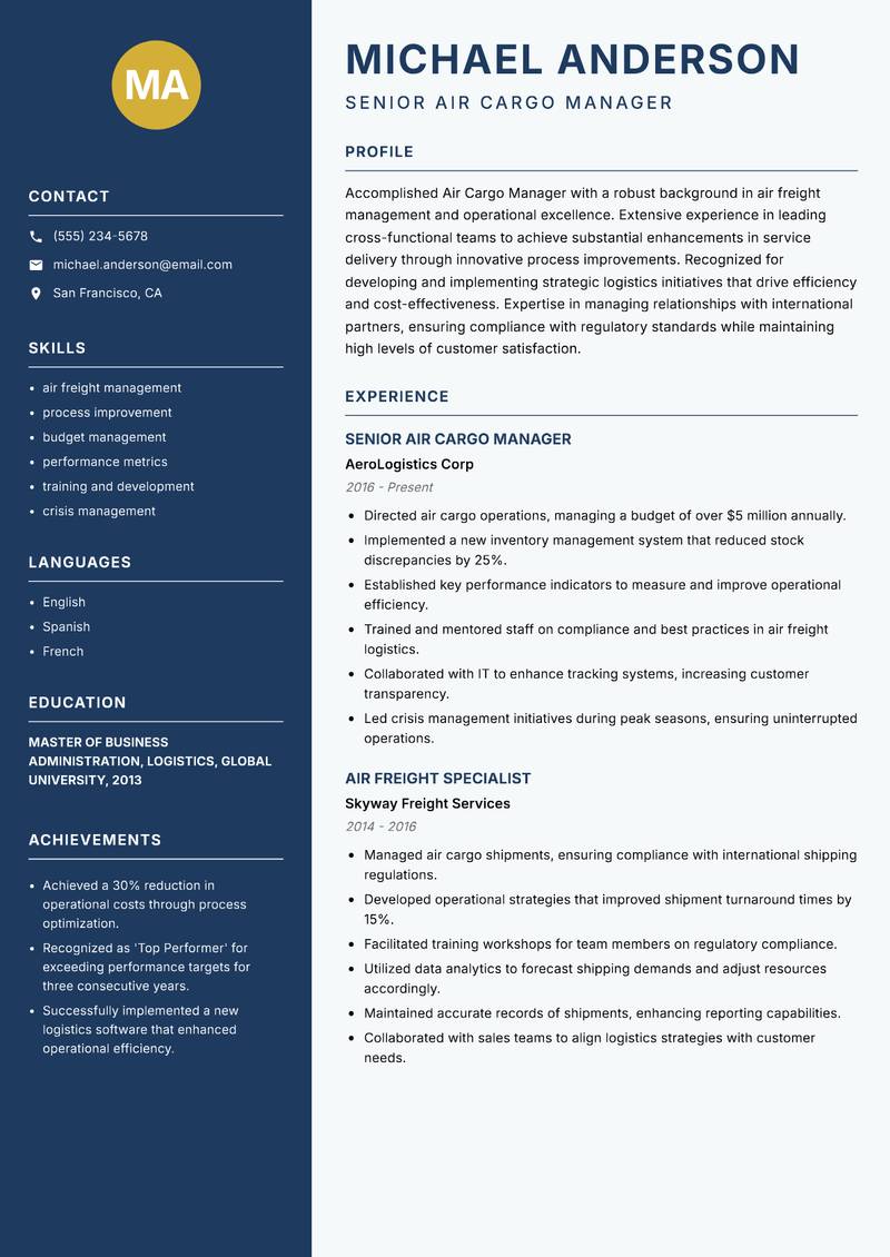 Air Cargo Manager resume sample — Senior Air Cargo Manager focus