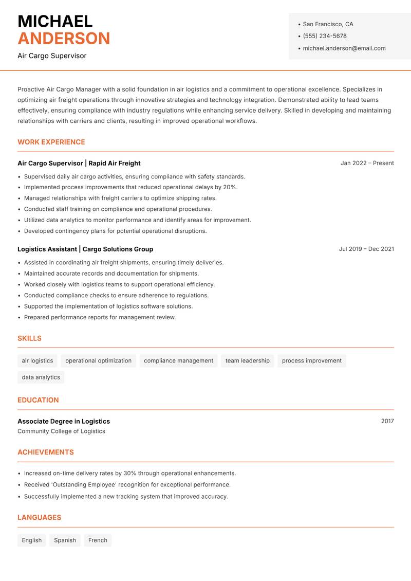 Air Cargo Manager resume sample — Air Cargo Supervisor focus