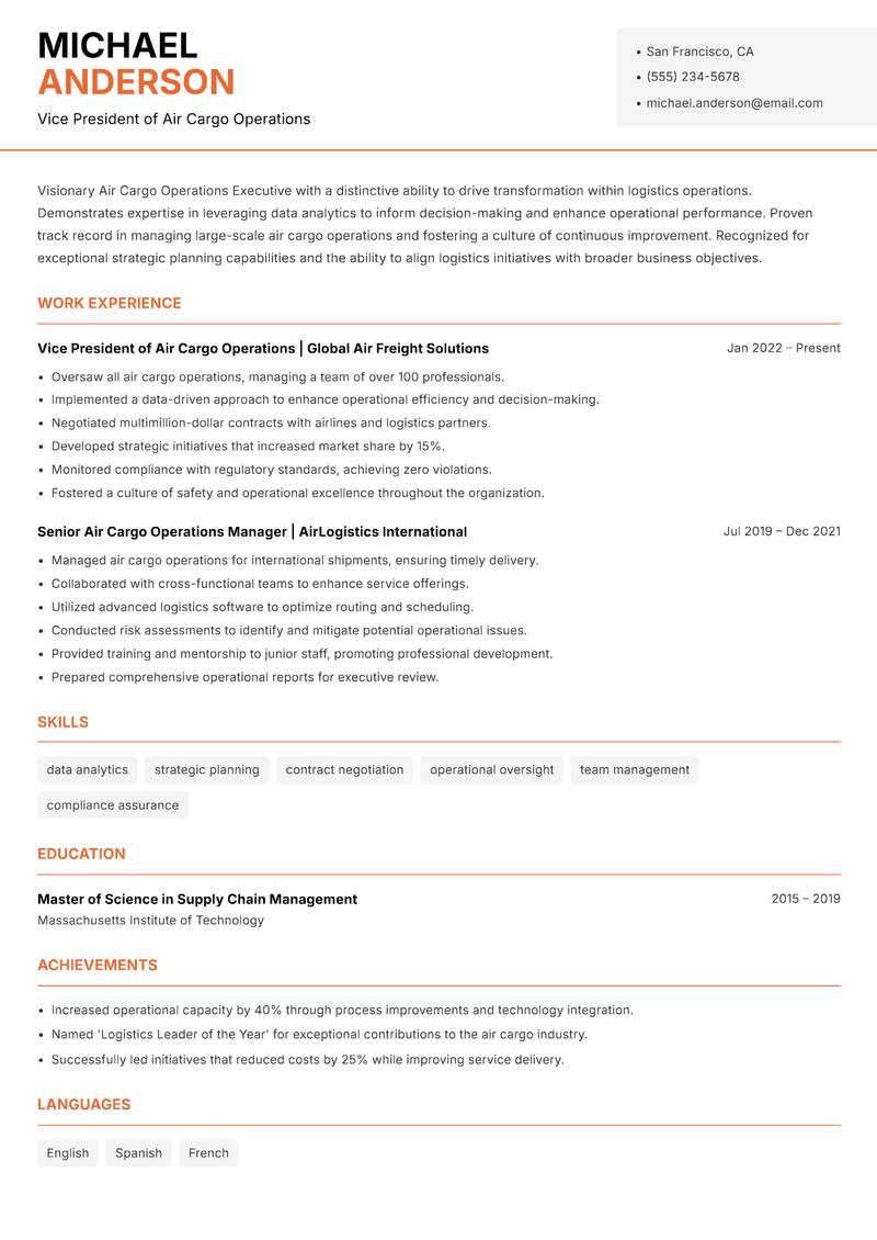Air Cargo Operations Executive resume sample — Vice President of Air Cargo Operations focus