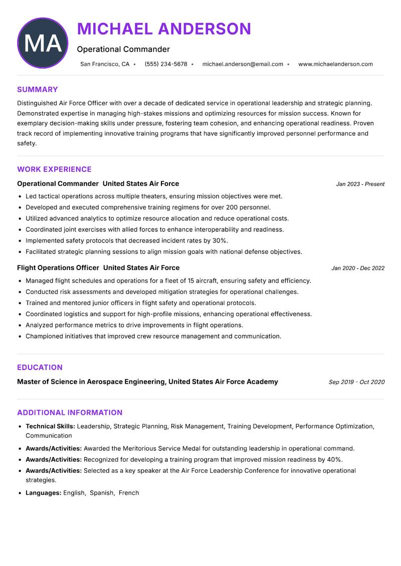 Air Force Officer resume example — Defense & Security