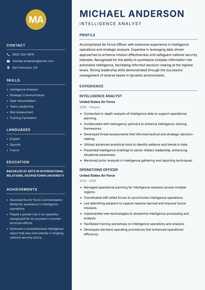 Air Force Officer resume sample — Intelligence Analyst focus
