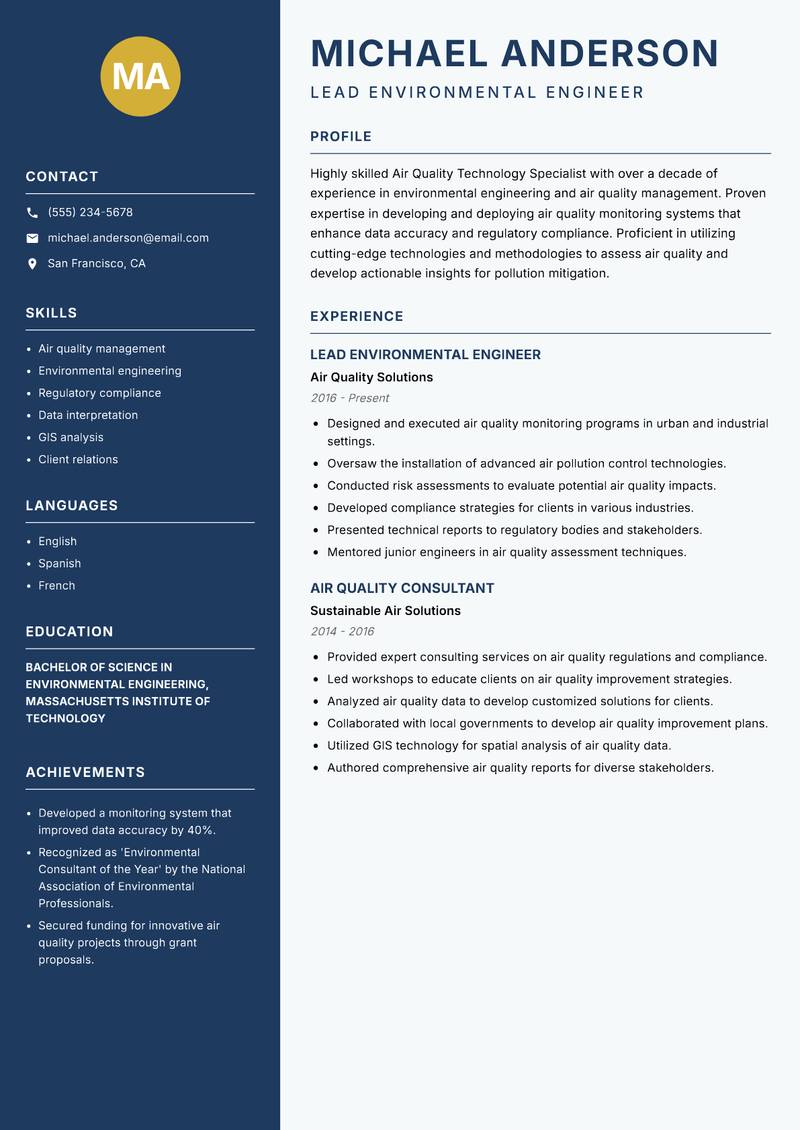 Air Quality Technology Specialist resume sample — Lead Environmental Engineer focus
