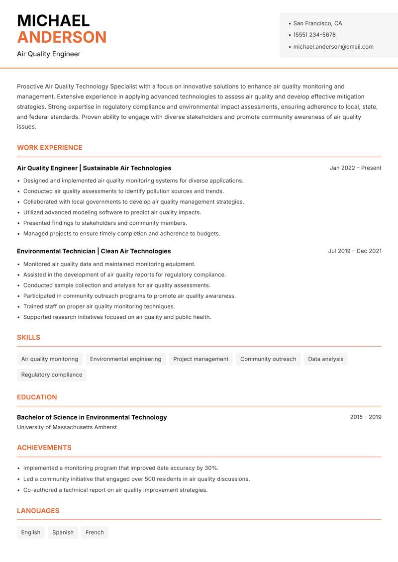 Air Quality Technology Specialist resume sample — Air Quality Engineer focus